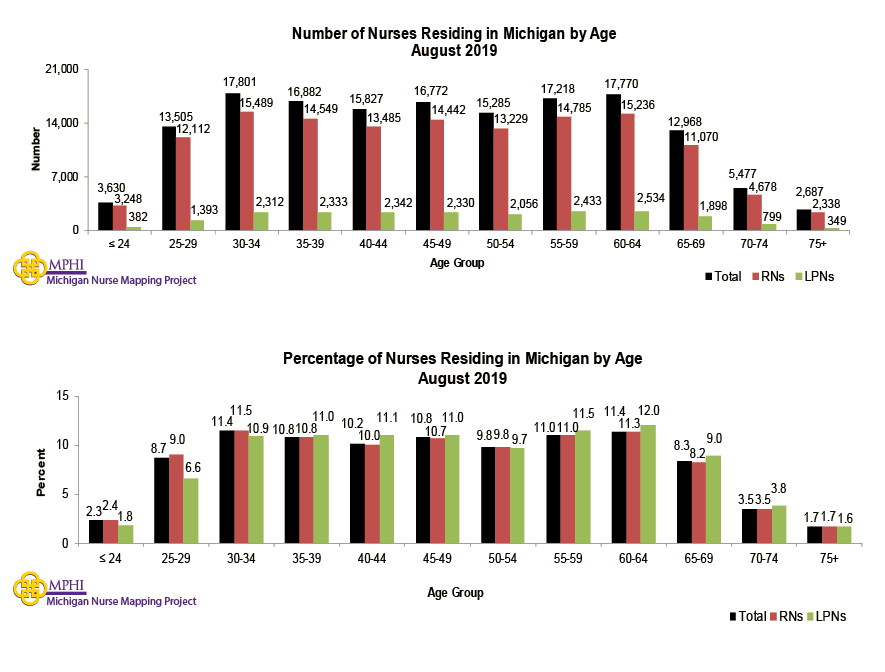 charts depicting the number and percentage of Michigan licensed nurses residing in Michigan by age groups in 2019